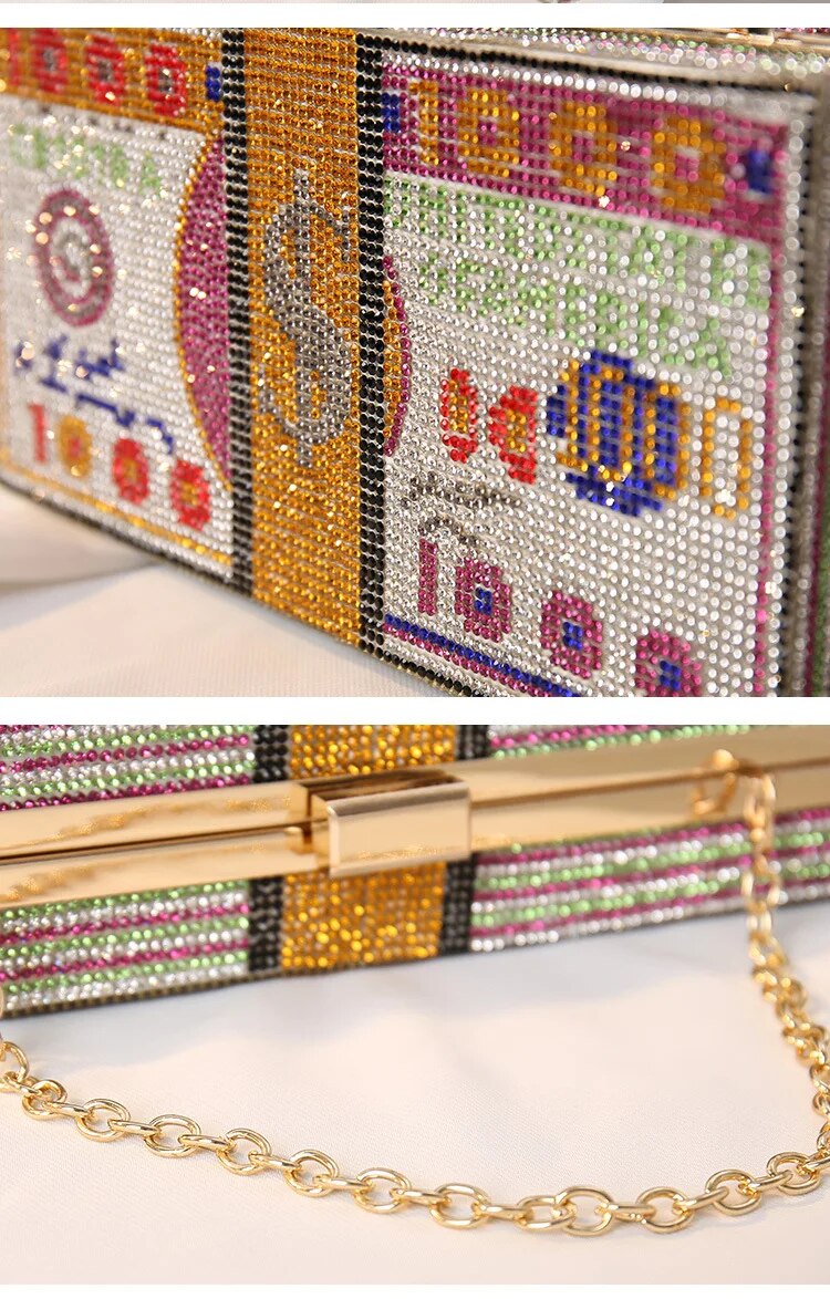 Creative Fashion New Money Clutch Rhinestone Purse 10000 Dollars Stack Bags  of Cash Evening Handbags Shoulder Wedding Dinner Bag