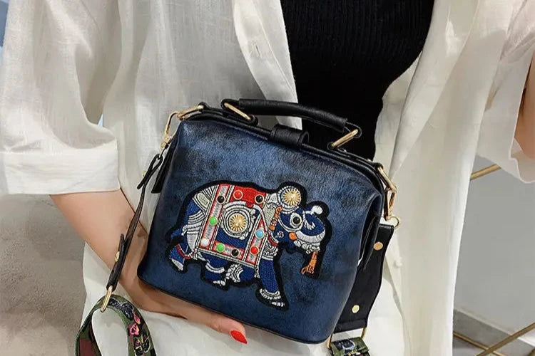 Denim Indo-Western Fusion Bag with Elephant Pattern