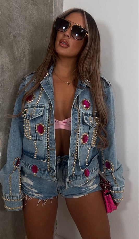 Embellished Denim Jacket with 3D stone Detailing