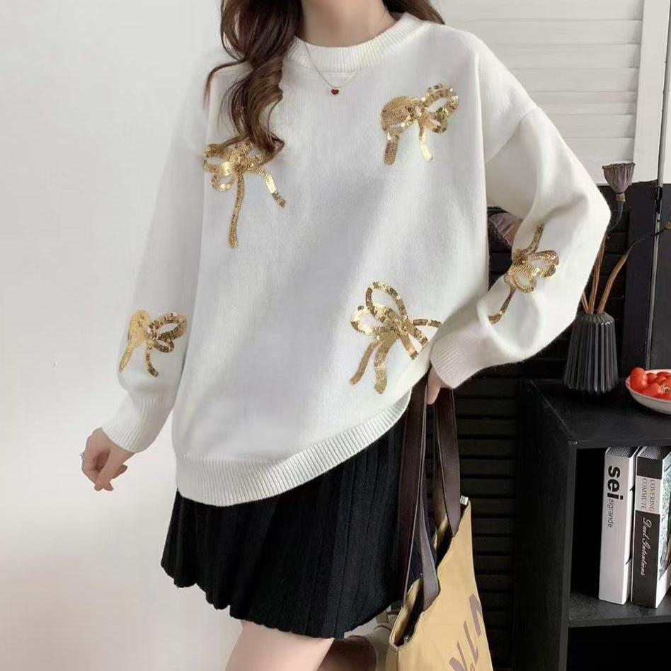 Crystella 3D Sequinned Bow detailing Sweaters