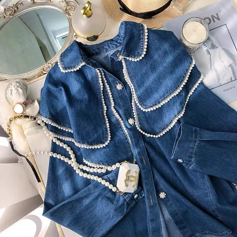 Lira French Collar Denim Blouse with Pearl Detailing