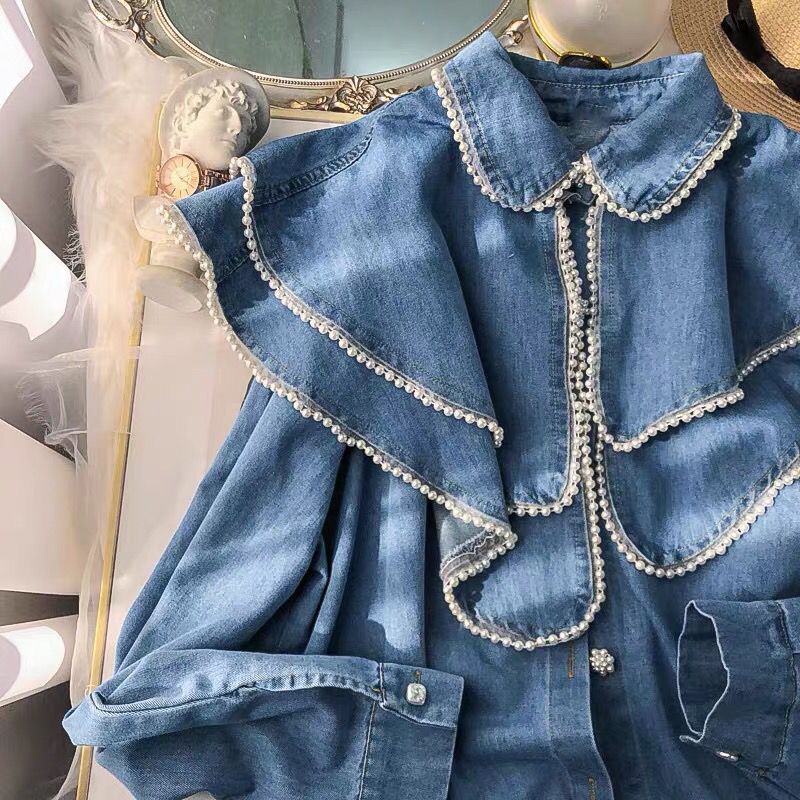 Lira French Collar Denim Blouse with Pearl Detailing