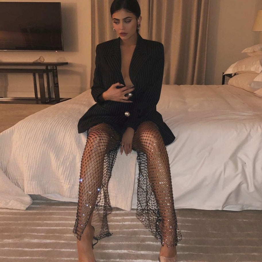 Kylie Jenner Wears Mach  Mach Sparkly Fishnet Pants  Blazer Dress in New  York